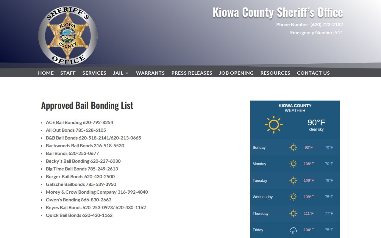 Kiowa County approved bonding contacts used during a 24-hour release check