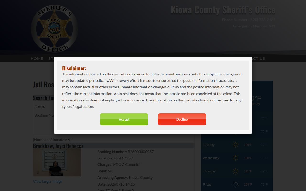 Kiowa County Jail roster Location field for distributed release verification