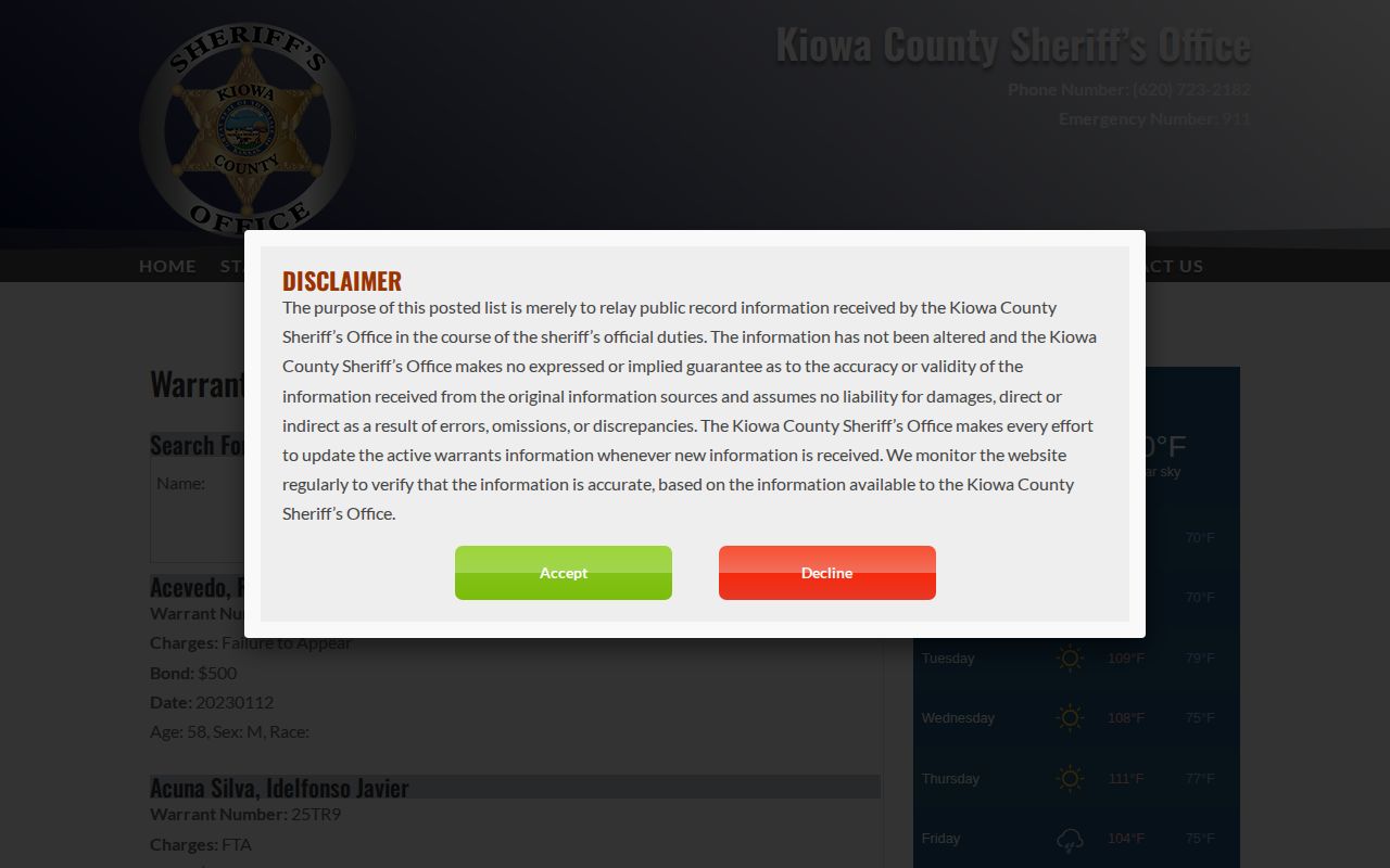 Kiowa County warrant record fields related to supervision status