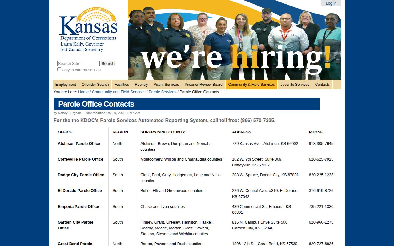 Kiowa County parole office contact directory for release supervision