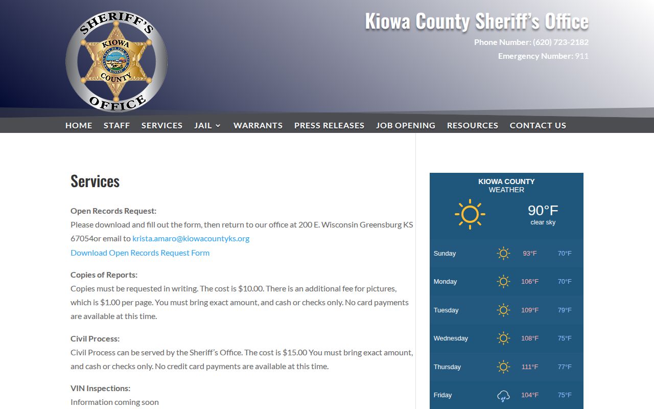 Kiowa County released inmate record request directions and fees