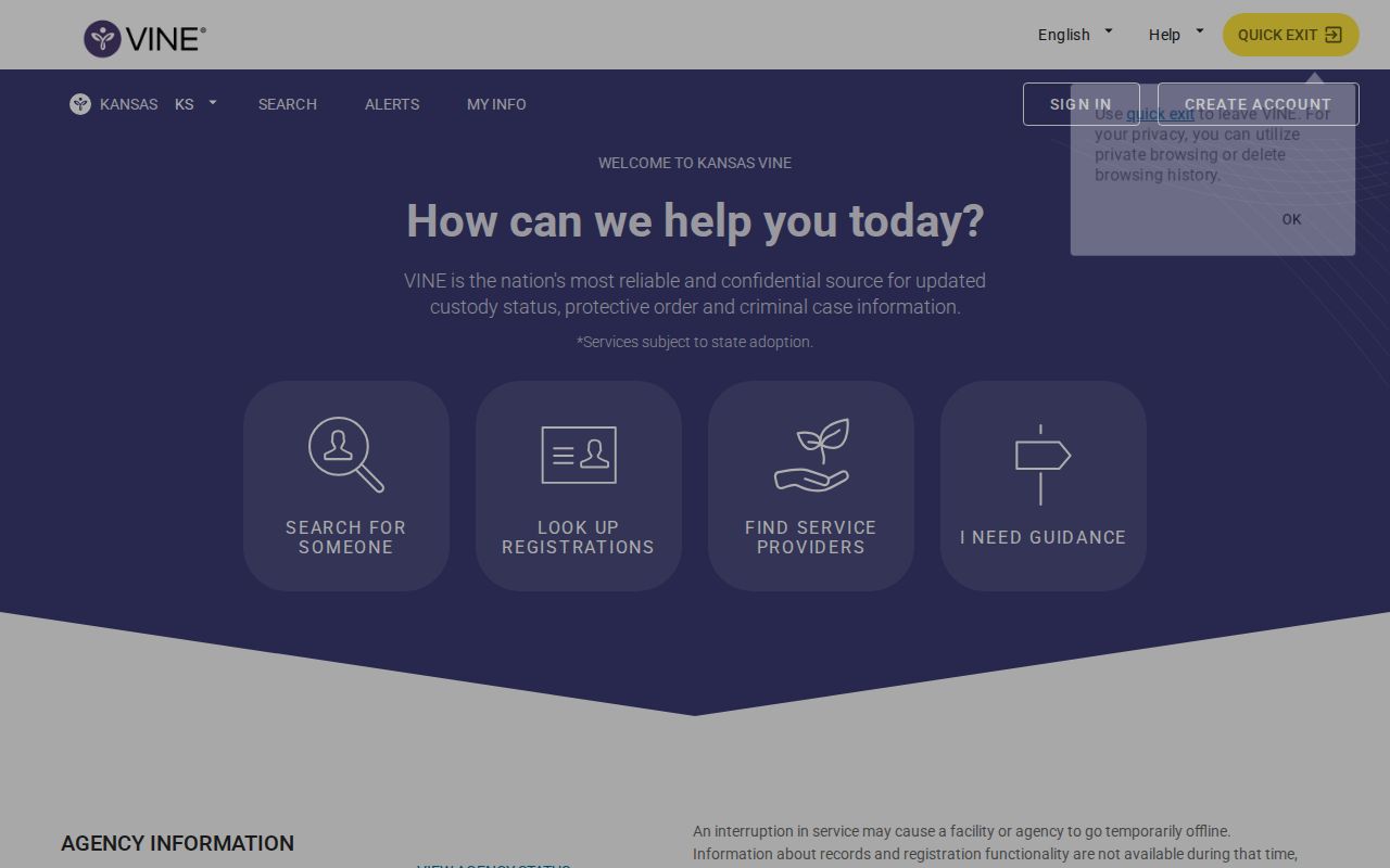 Kiowa County VINELink release check search interface